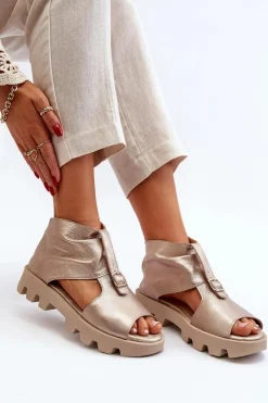 Outlet Zazoo 999 Skórzane Sandały Damskie Z Zamkiem Złote