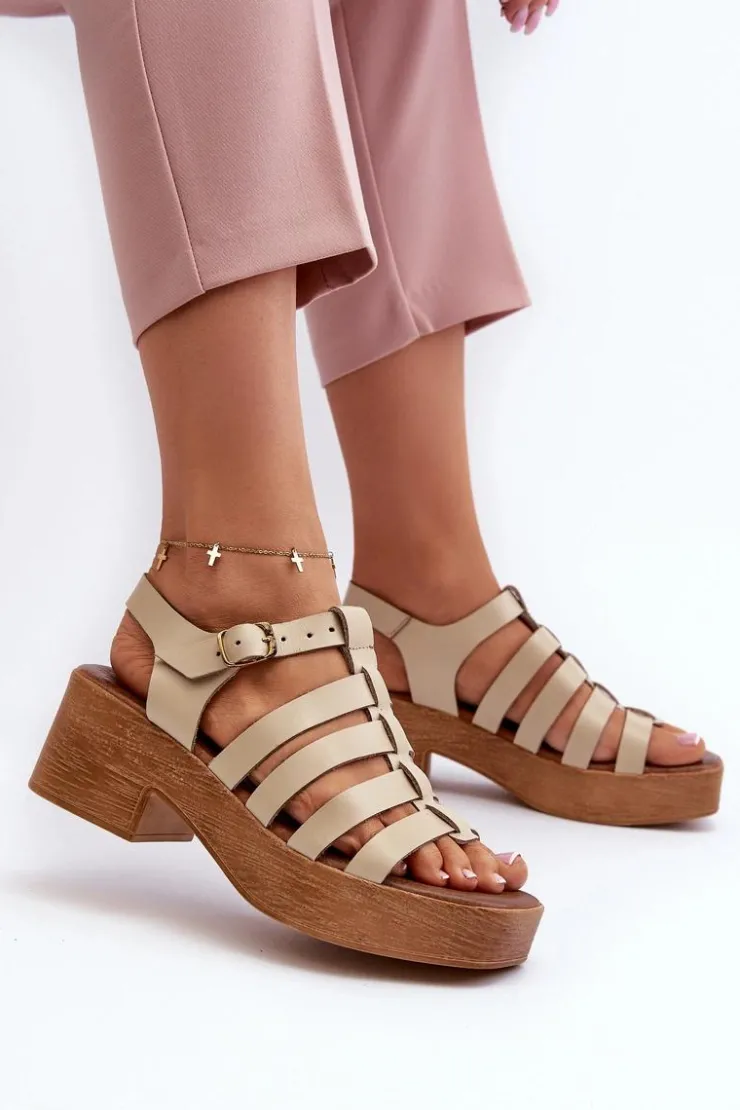 Damskie Zazoo 40410 Skórzane Sandały Damskie Beżowe