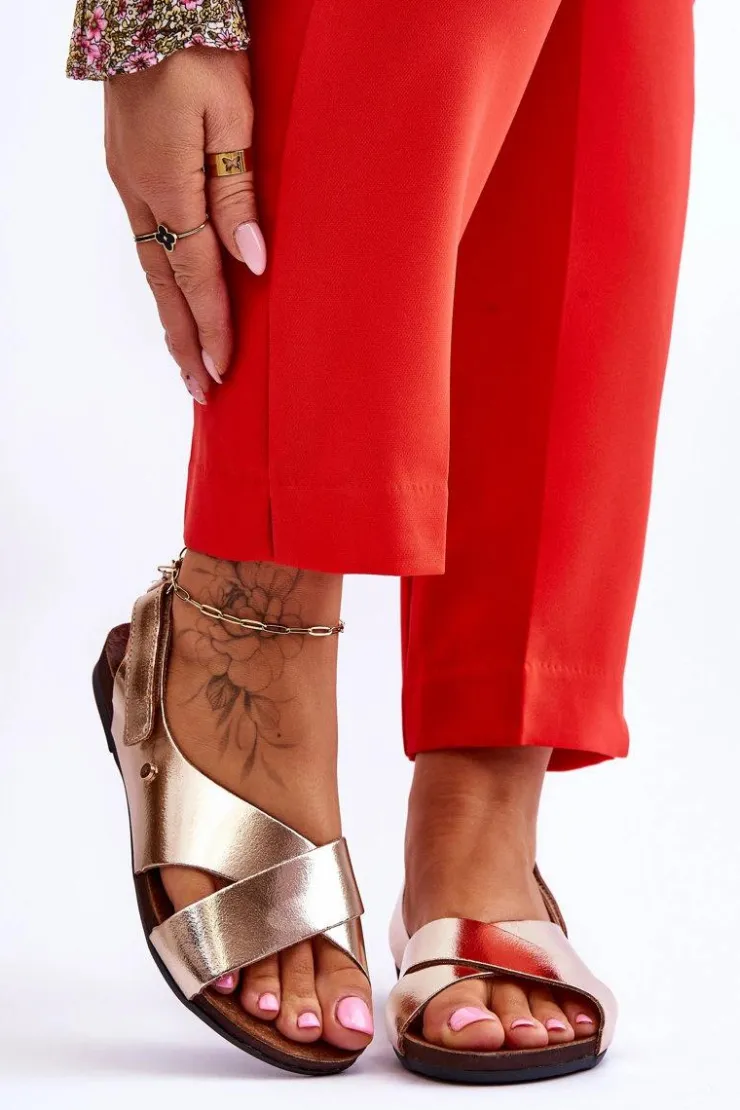 Best Zazoo 40141 Skórzane Sandały Na Rzep Złote Złoty