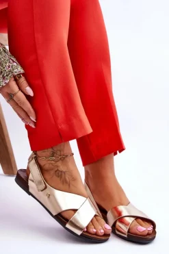 Best Zazoo 40141 Skórzane Sandały Na Rzep Złote Złoty