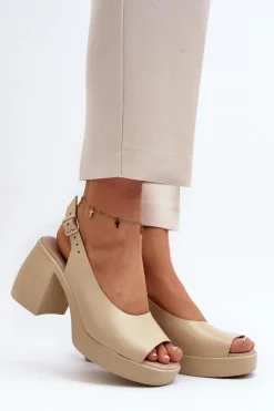 Hot Zazoo 40376 Skórzane Sandały Na Masywnym Obcasie Beżowe Beżowy