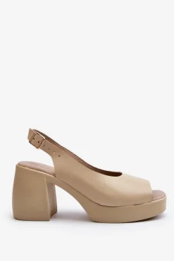 Hot Zazoo 40376 Skórzane Sandały Na Masywnym Obcasie Beżowe Beżowy