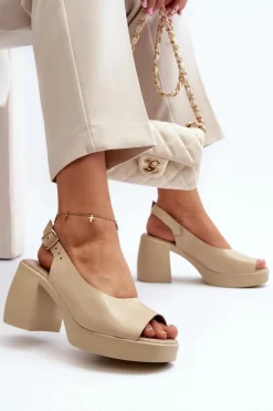 Hot Zazoo 40376 Skórzane Sandały Na Masywnym Obcasie Beżowe Beżowy