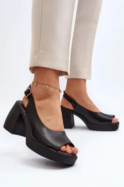 Outlet Zazoo 40376 Skórzane Sandały Na Masywnym Obcasie Czarne Czarny