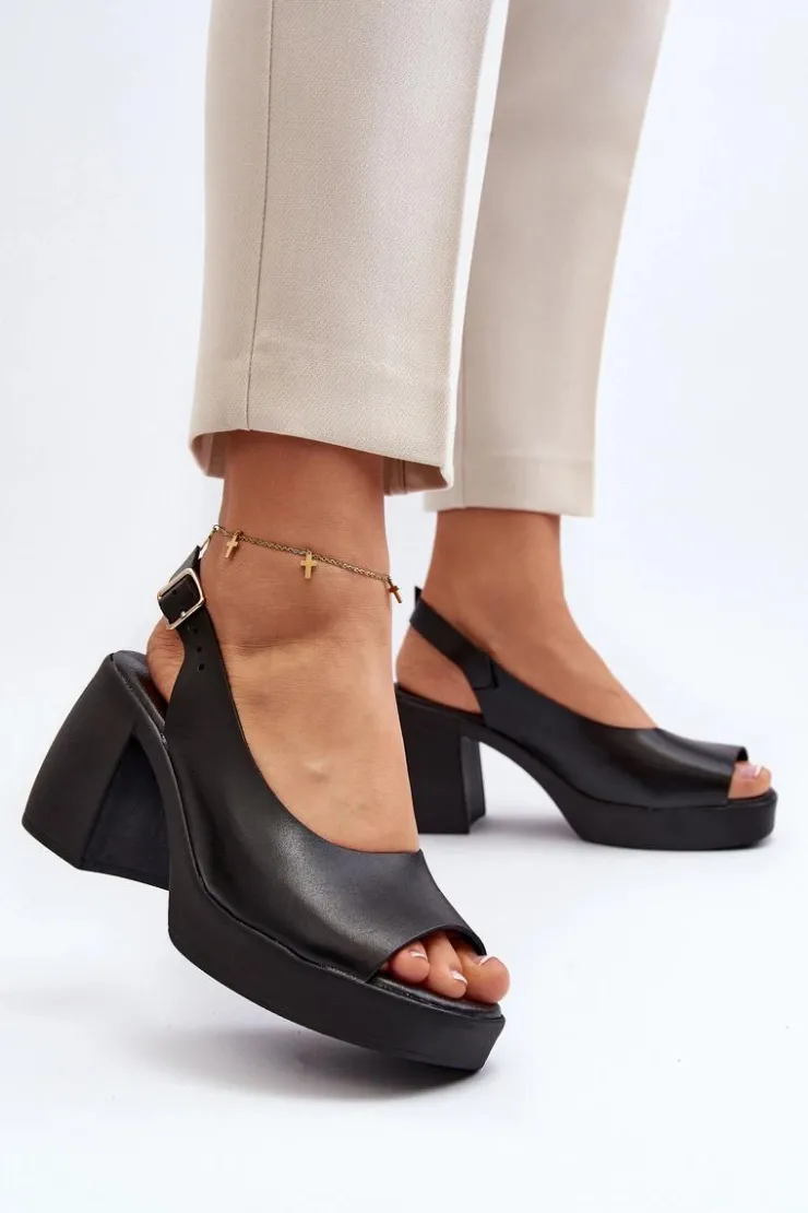 Outlet Zazoo 40376 Skórzane Sandały Na Masywnym Obcasie Czarne Czarny