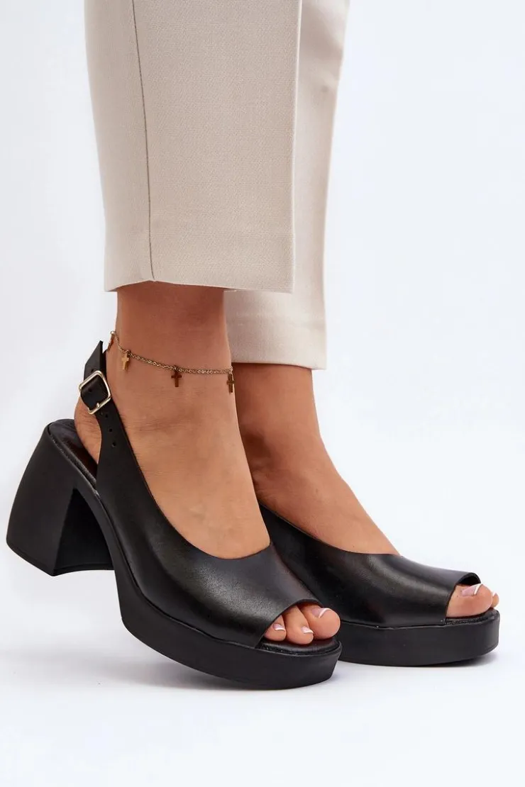 Outlet Zazoo 40376 Skórzane Sandały Na Masywnym Obcasie Czarne Czarny