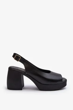 Outlet Zazoo 40376 Skórzane Sandały Na Masywnym Obcasie Czarne Czarny