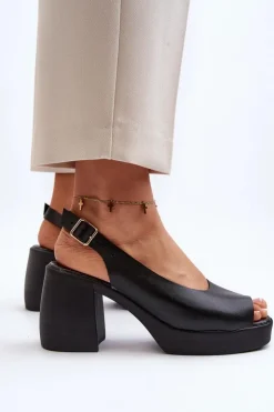 Outlet Zazoo 40376 Skórzane Sandały Na Masywnym Obcasie Czarne Czarny