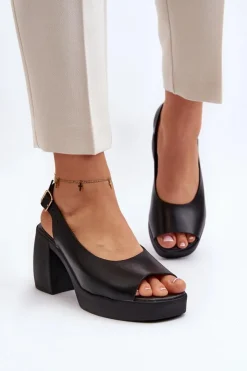 Outlet Zazoo 40376 Skórzane Sandały Na Masywnym Obcasie Czarne Czarny