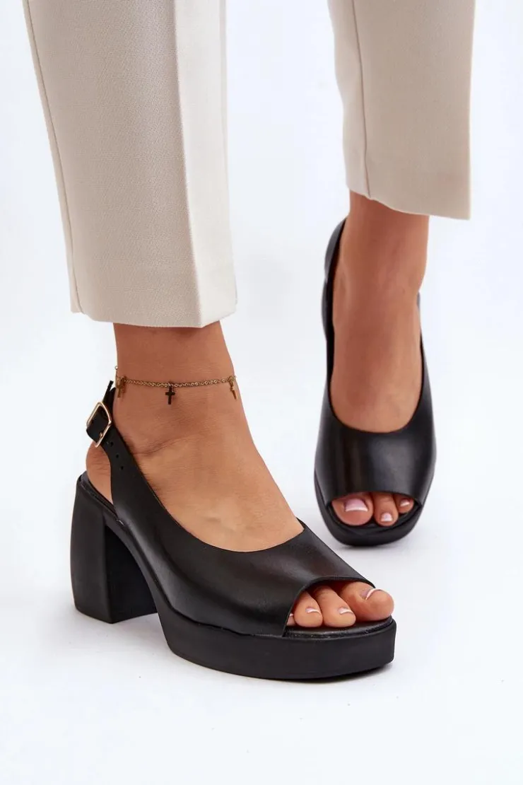 Outlet Zazoo 40376 Skórzane Sandały Na Masywnym Obcasie Czarne Czarny