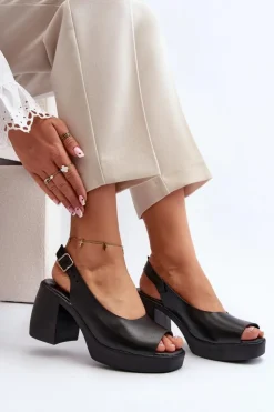 Outlet Zazoo 40376 Skórzane Sandały Na Masywnym Obcasie Czarne Czarny