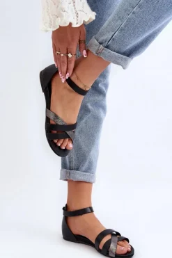 Damskie Zazoo 40225 Skórzane Sandały Na Płaskim Obcasie Czarne