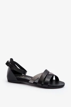 Damskie Zazoo 40225 Skórzane Sandały Na Płaskim Obcasie Czarne