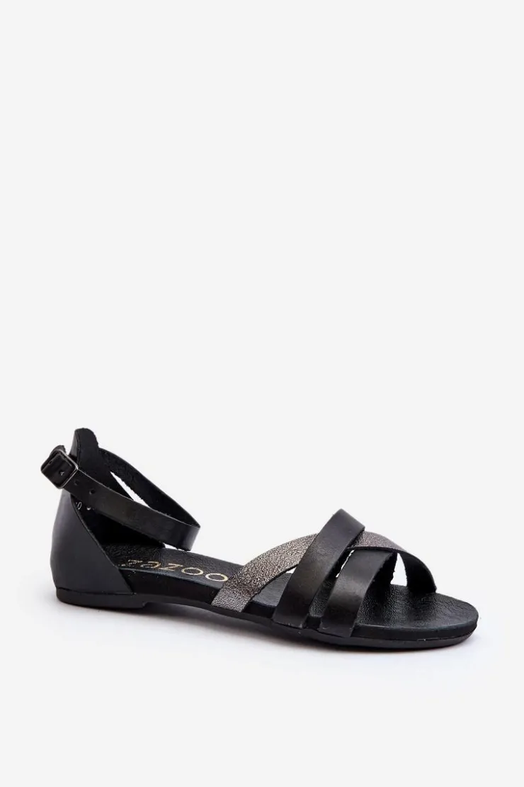 Damskie Zazoo 40225 Skórzane Sandały Na Płaskim Obcasie Czarne