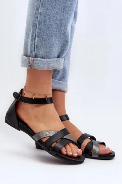 Damskie Zazoo 40225 Skórzane Sandały Na Płaskim Obcasie Czarne