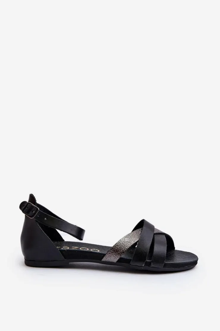 Damskie Zazoo 40225 Skórzane Sandały Na Płaskim Obcasie Czarne