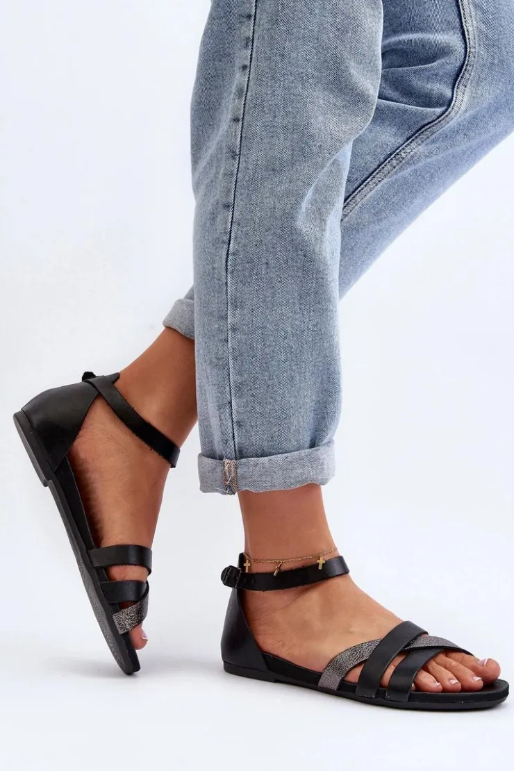 Damskie Zazoo 40225 Skórzane Sandały Na Płaskim Obcasie Czarne