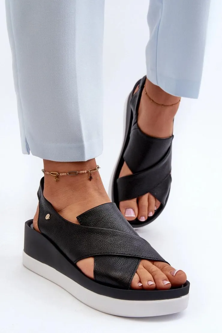 New Zazoo 40256 Skórzane Sandały Na Koturnie Czarne Czarny