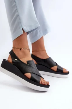 New Zazoo 40256 Skórzane Sandały Na Koturnie Czarne Czarny