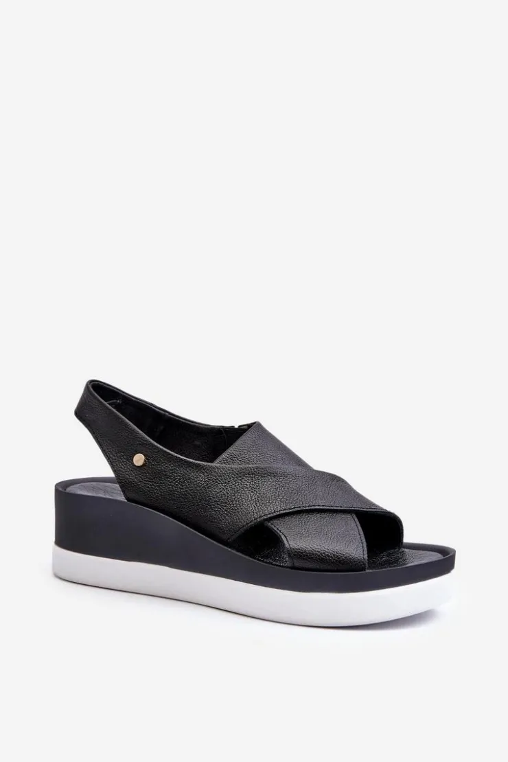 New Zazoo 40256 Skórzane Sandały Na Koturnie Czarne Czarny