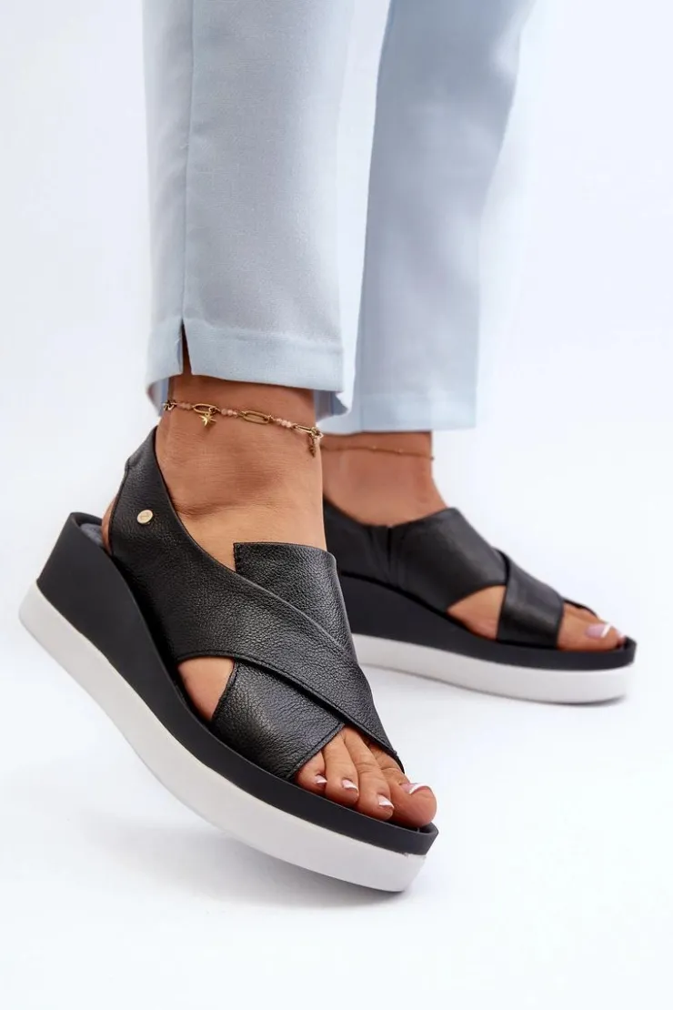 New Zazoo 40256 Skórzane Sandały Na Koturnie Czarne Czarny