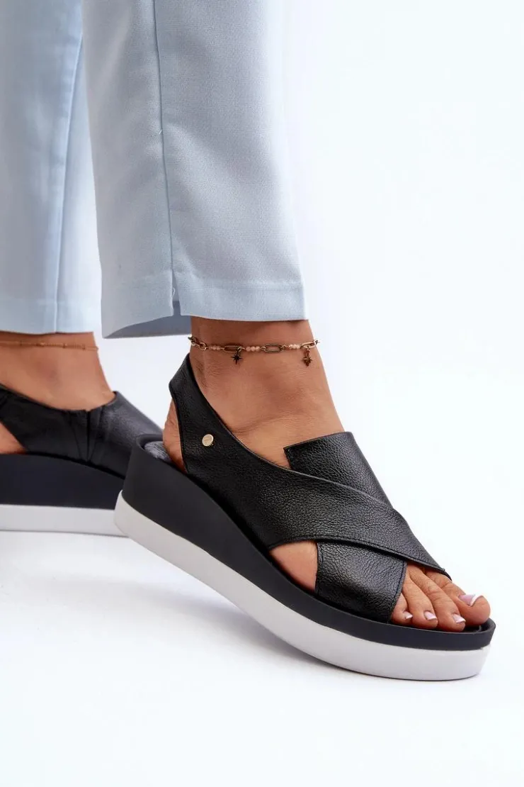 New Zazoo 40256 Skórzane Sandały Na Koturnie Czarne Czarny