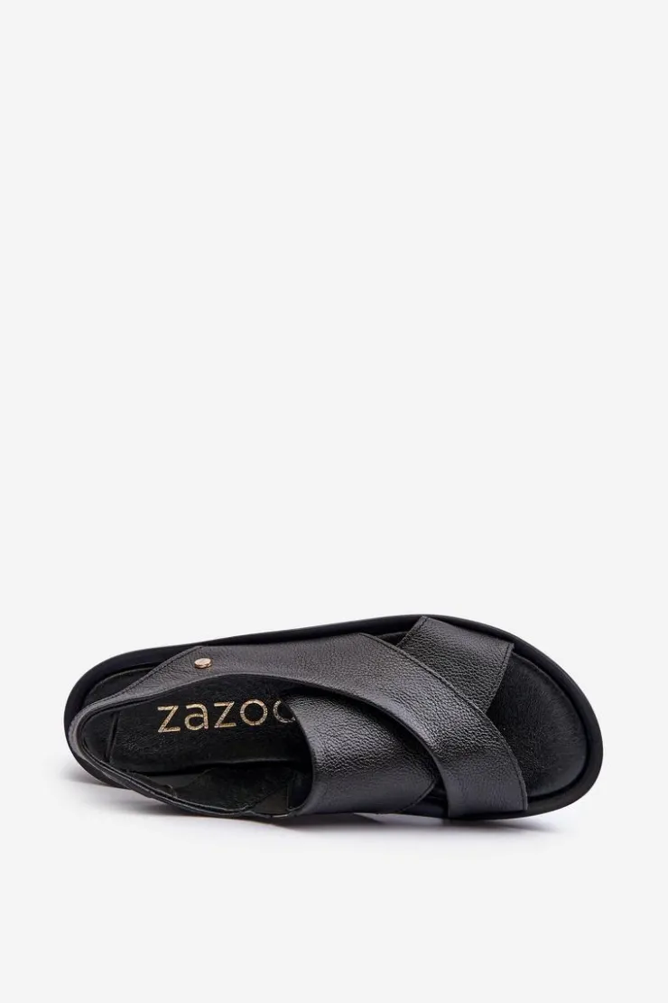New Zazoo 40256 Skórzane Sandały Na Koturnie Czarne Czarny