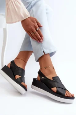 New Zazoo 40256 Skórzane Sandały Na Koturnie Czarne Czarny