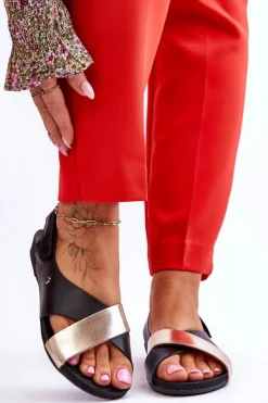 Online Zazoo 40141 Skórzane Sandały Na Rzep Czarno-Złote