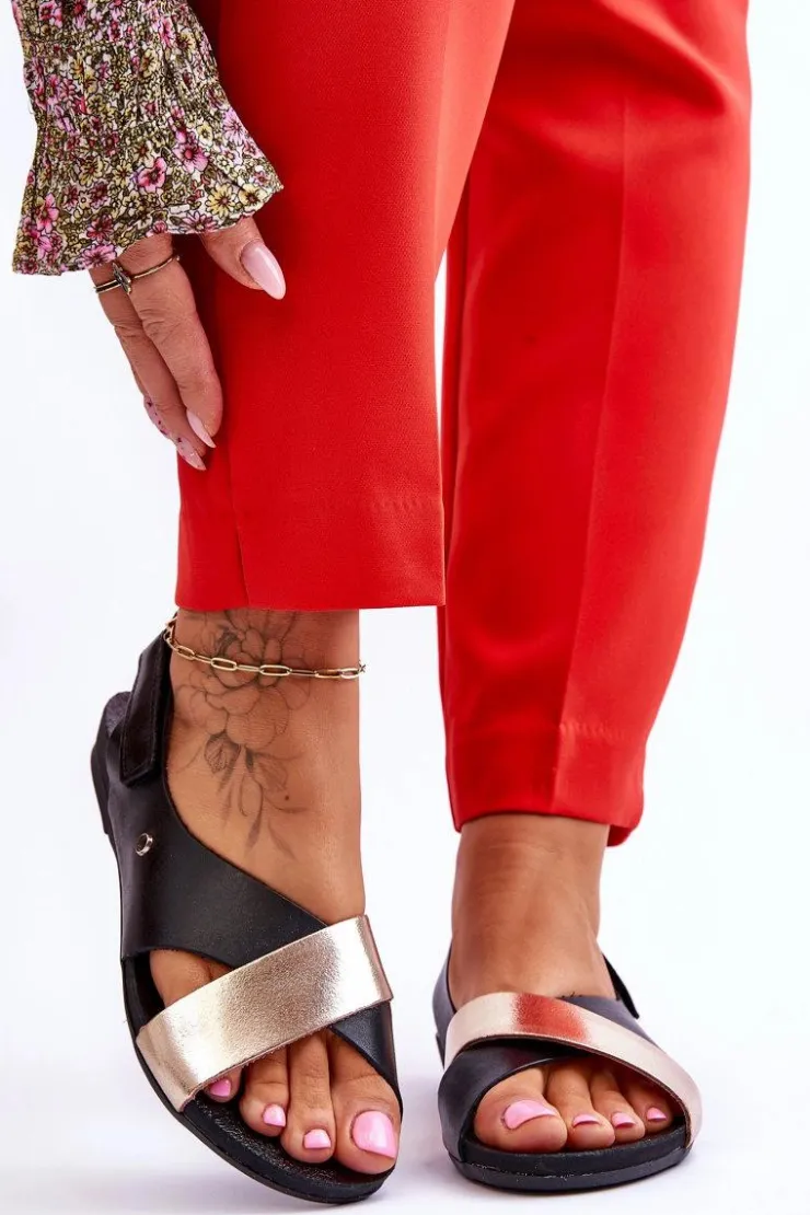 Online Zazoo 40141 Skórzane Sandały Na Rzep Czarno-Złote