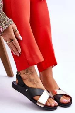 Online Zazoo 40141 Skórzane Sandały Na Rzep Czarno-Złote