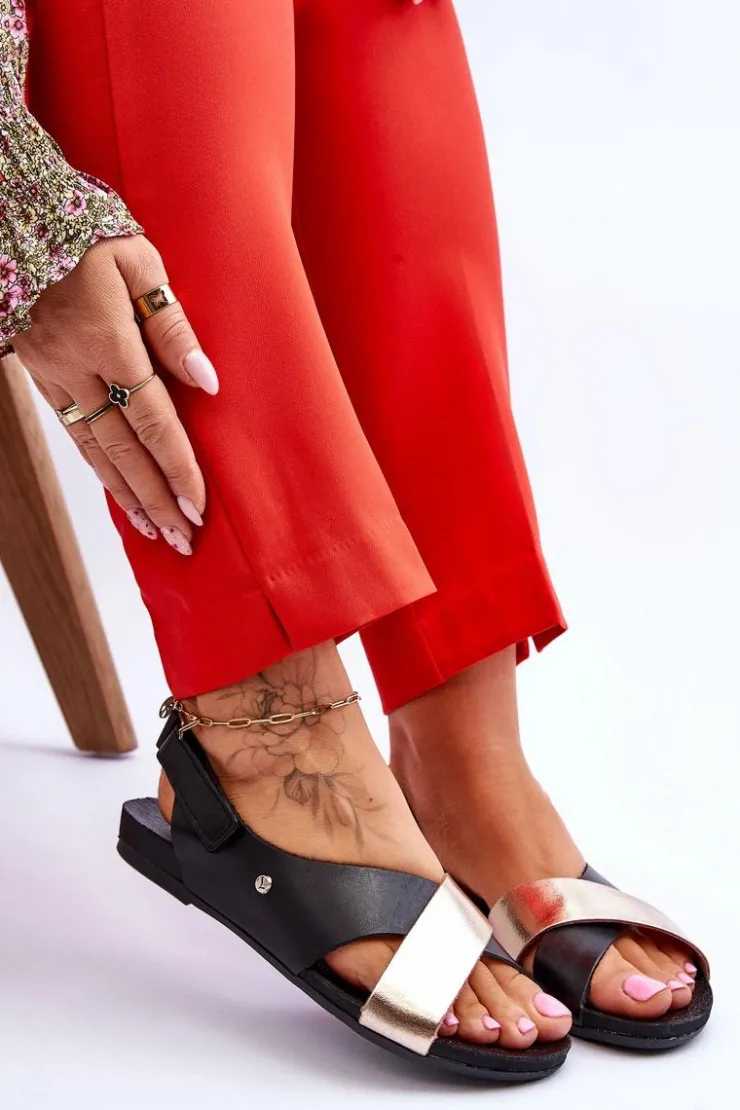 Online Zazoo 40141 Skórzane Sandały Na Rzep Czarno-Złote