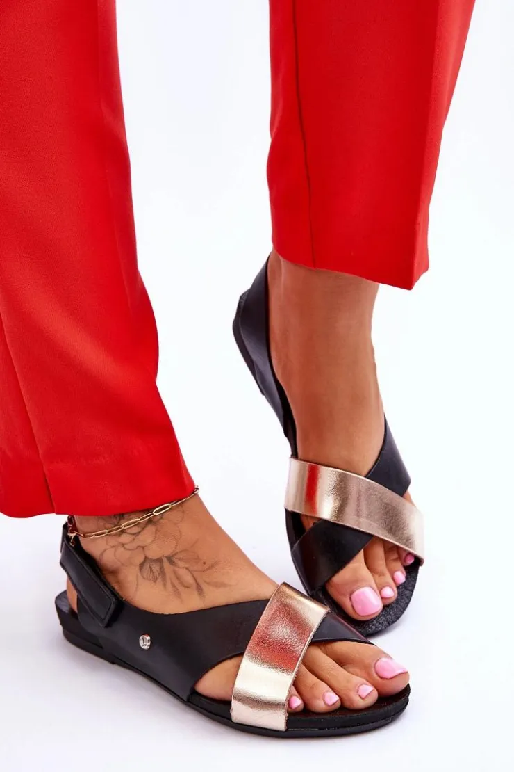 Online Zazoo 40141 Skórzane Sandały Na Rzep Czarno-Złote