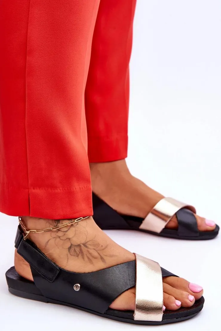 Online Zazoo 40141 Skórzane Sandały Na Rzep Czarno-Złote