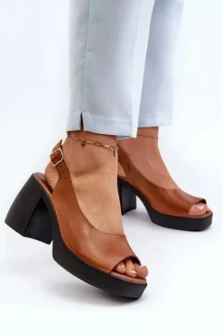 Damskie Zazoo 40376 Skórzane Sandały Na Masywnym Obcasie Brązowe