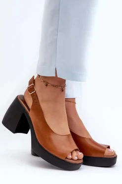 Damskie Zazoo 40376 Skórzane Sandały Na Masywnym Obcasie Brązowe