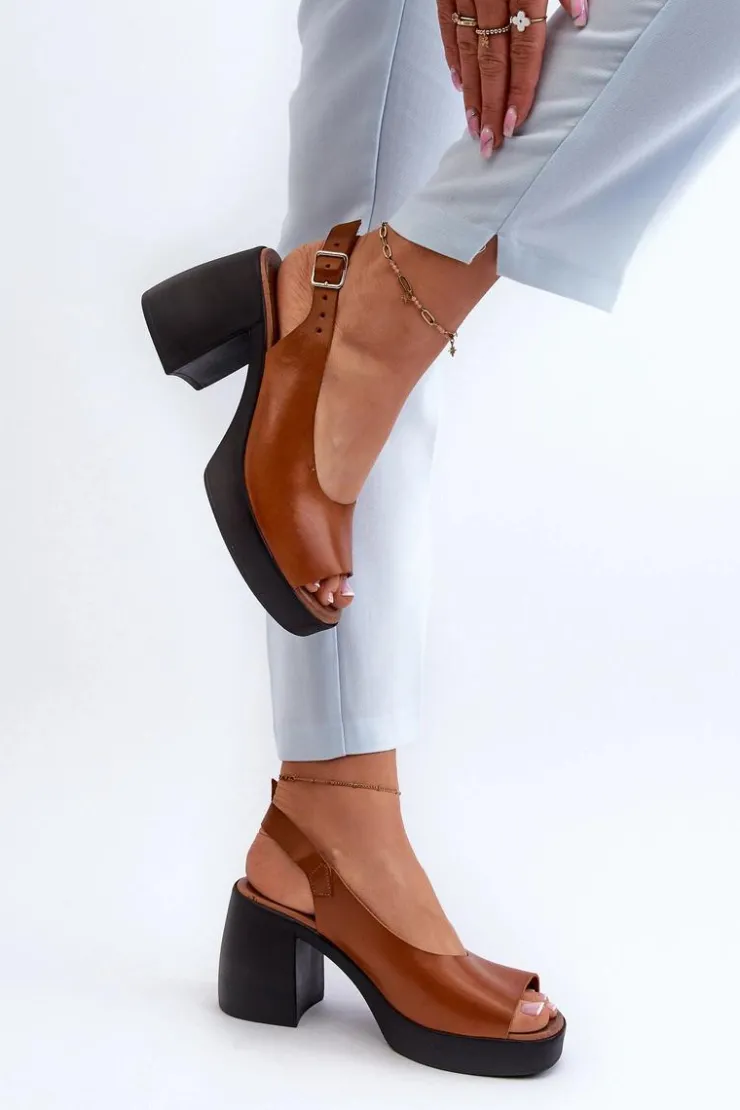 Damskie Zazoo 40376 Skórzane Sandały Na Masywnym Obcasie Brązowe