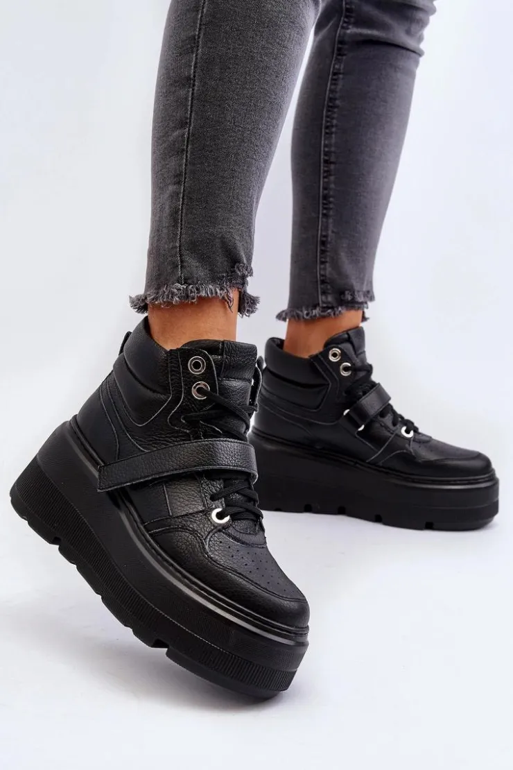 Damskie Zazoo 3450 Skórzane Sneakersy Damskie Czarne