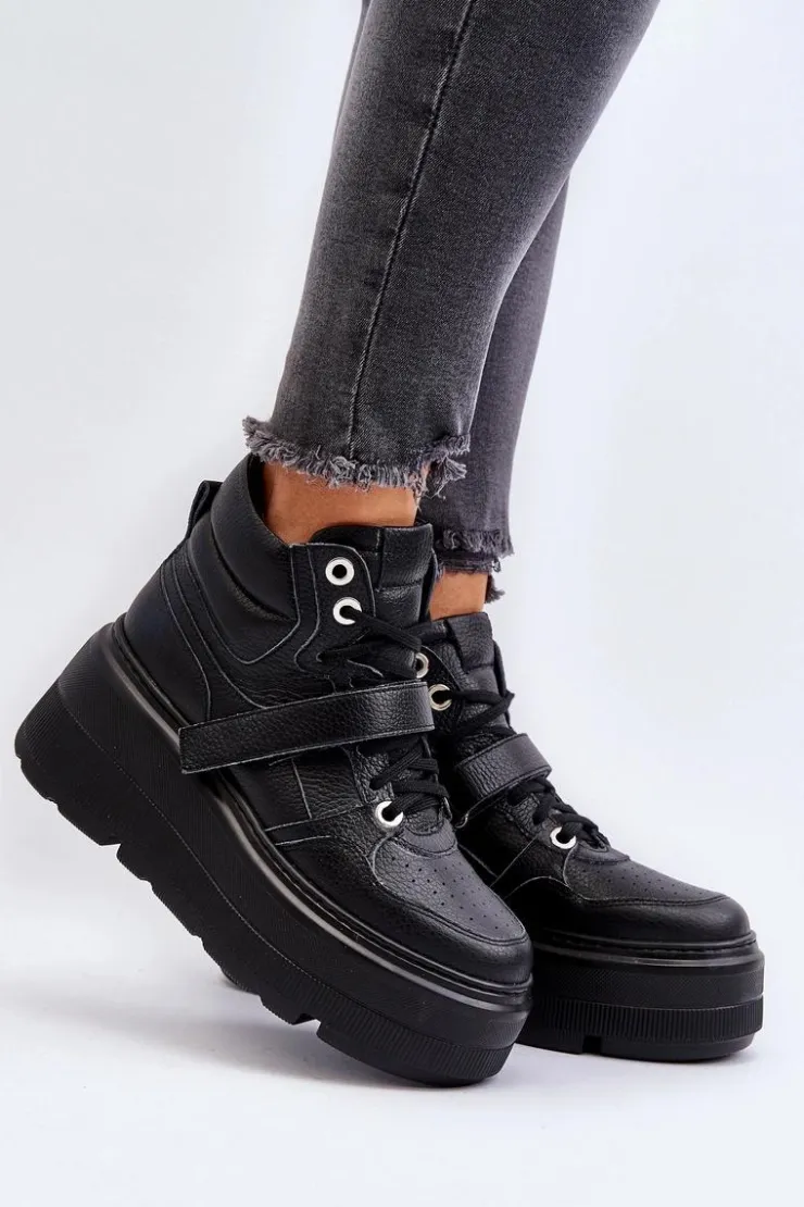 Damskie Zazoo 3450 Skórzane Sneakersy Damskie Czarne