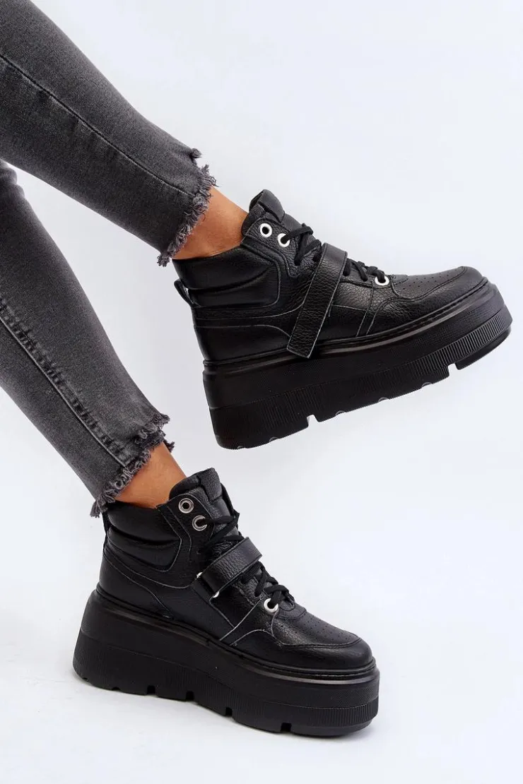 Damskie Zazoo 3450 Skórzane Sneakersy Damskie Czarne