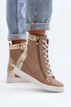 Damskie Zazoo 3081 Skórzane Trampki Damskie Na Koturnie Beżowe