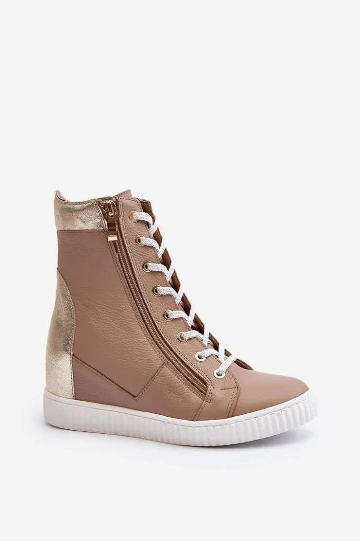 Damskie Zazoo 3081 Skórzane Trampki Damskie Na Koturnie Beżowe