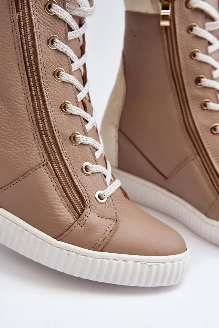 Damskie Zazoo 3081 Skórzane Trampki Damskie Na Koturnie Beżowe