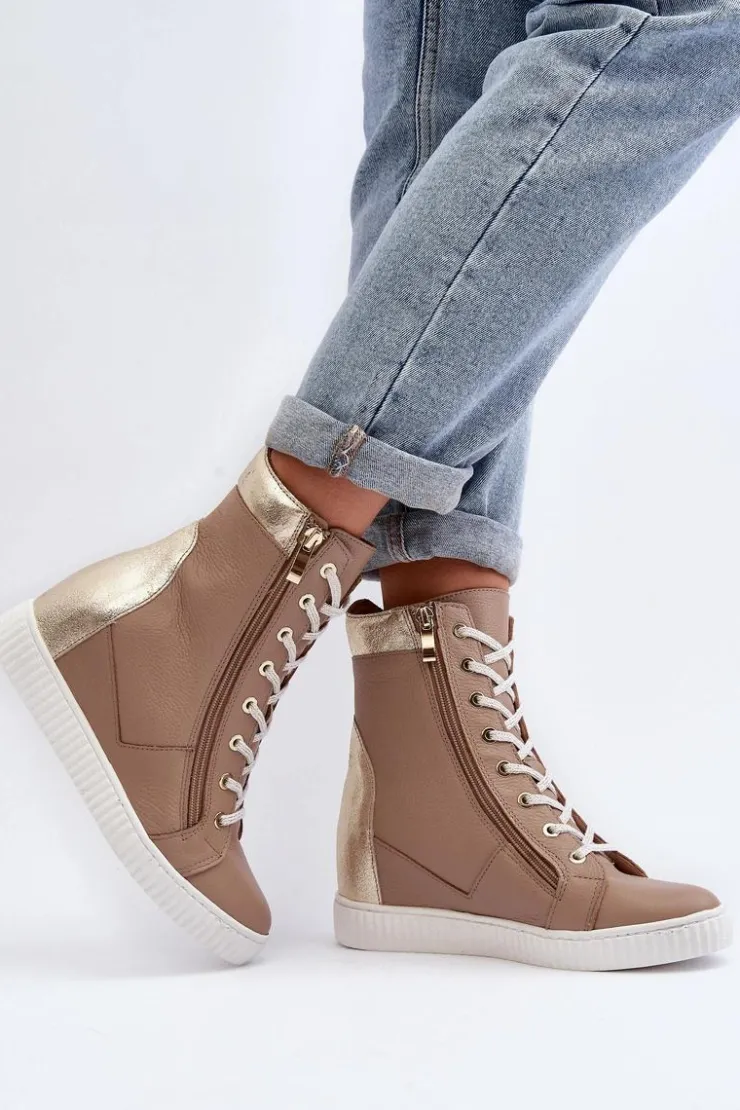 Damskie Zazoo 3081 Skórzane Trampki Damskie Na Koturnie Beżowe