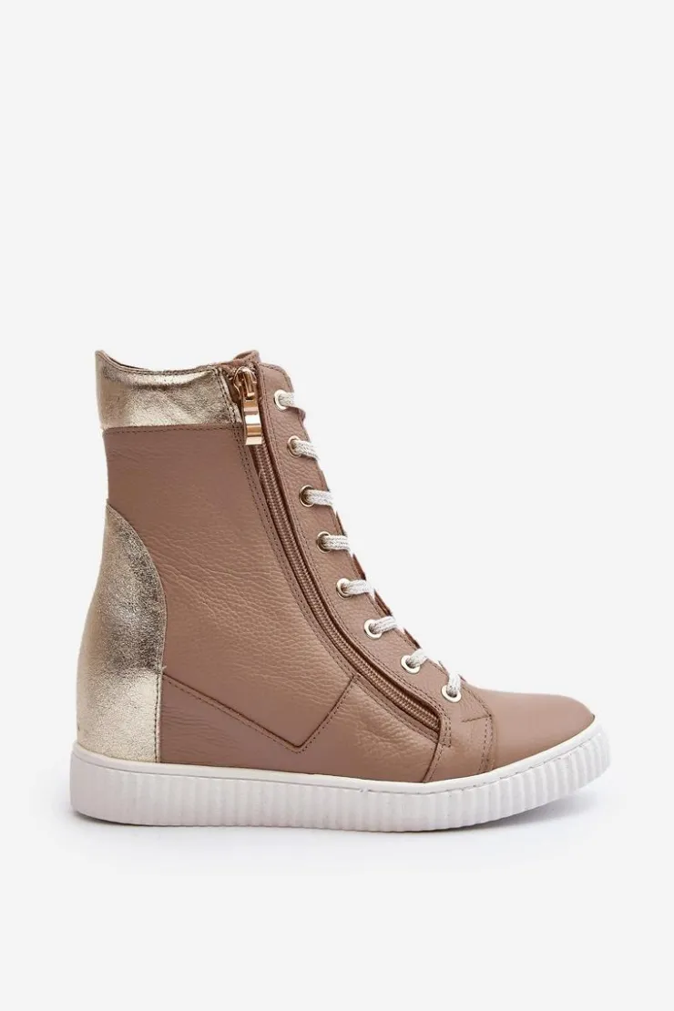 Damskie Zazoo 3081 Skórzane Trampki Damskie Na Koturnie Beżowe