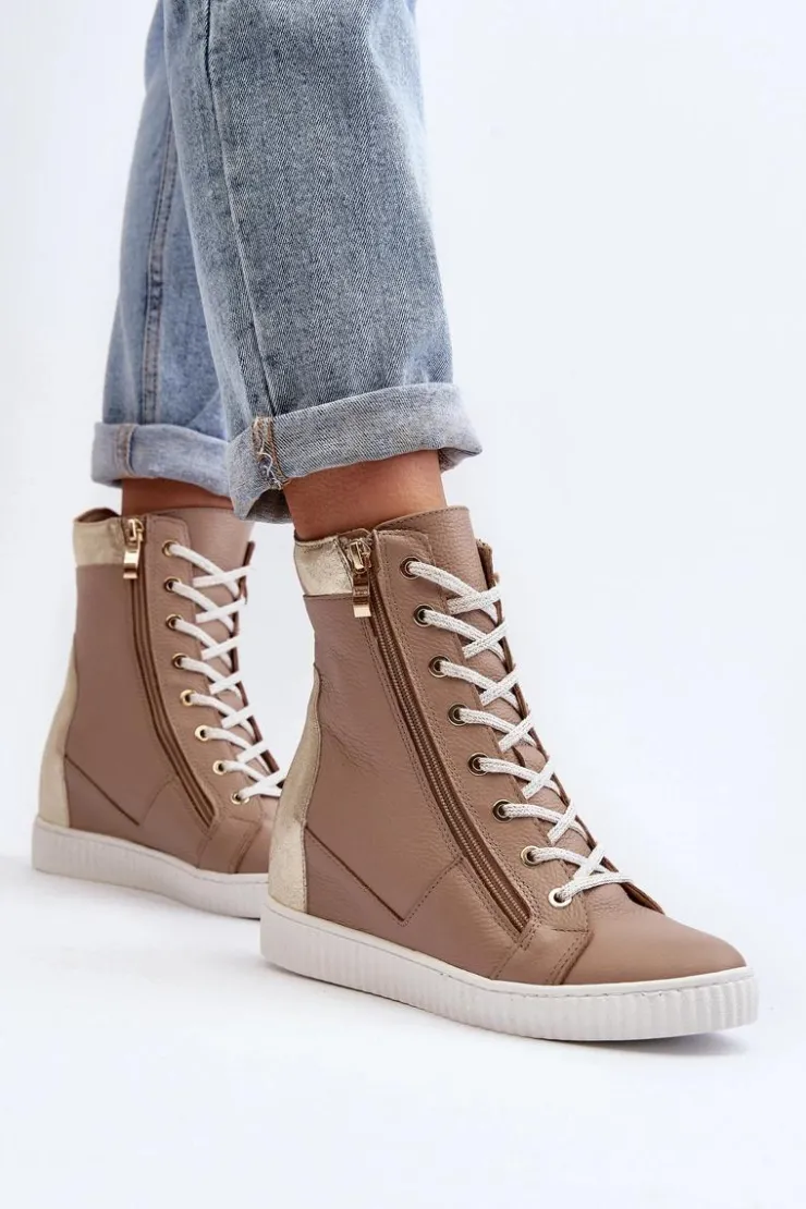 Damskie Zazoo 3081 Skórzane Trampki Damskie Na Koturnie Beżowe