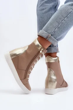 Damskie Zazoo 3081 Skórzane Trampki Damskie Na Koturnie Beżowe