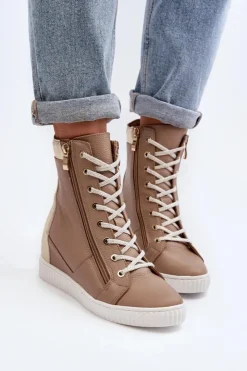 Damskie Zazoo 3081 Skórzane Trampki Damskie Na Koturnie Beżowe