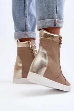 Damskie Zazoo 3081 Skórzane Trampki Damskie Na Koturnie Beżowe