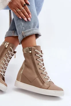 Damskie Zazoo 3081 Skórzane Trampki Damskie Na Koturnie Beżowe